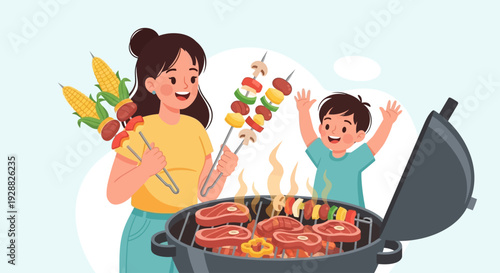 Happy Family BBQ Party Illustration with Mother and Son Grilling Skewers