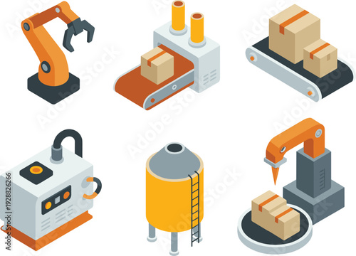 Industrial automation illustration with robotic arms, conveyor belt packaging, factory machinery equipment and modern manufacturing production system.