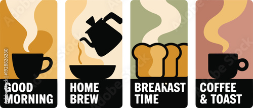 Four vertical panels with coffee and breakfast illustrations and text