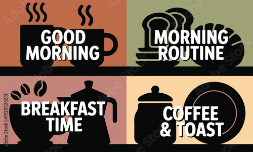 Four quadrant design with coffee and breakfast silhouettes and text