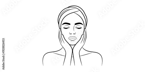 Line drawing of a woman with closed eyes and hands on her face for skincare routine Vector, illustration