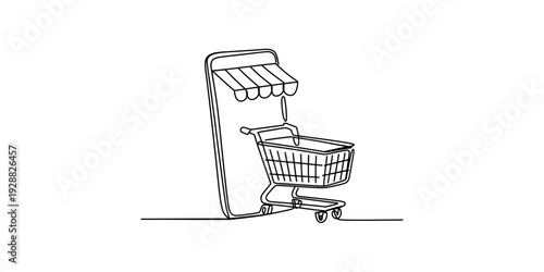 Continuous line drawing of a smartphone with a shopping cart and awning for online store Vector, illustration