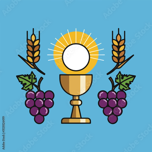 A chalice, grapes, wheat, and the sun on a blue background