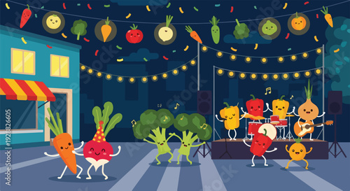 A charming illustration depicts vegetables enjoying a lively outdoor concert