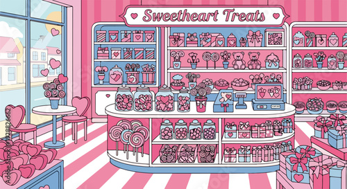 A charming pink and blue confection shop scene featuring sweets and hearts