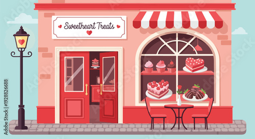A charming red and pink shop with cakes, streetlights, and a bistro setting