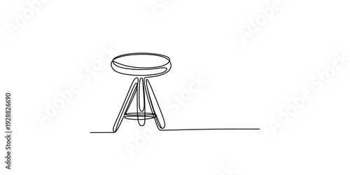 A minimalistic continuous line drawing of a rustic wooden tripod stool on a white background. Vector, illustration
