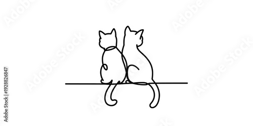 Minimalist continuous line drawing of two cats sitting together on a ledge. Vector, illustration