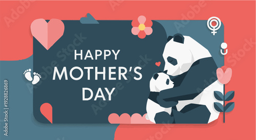 Panda Mother and Cub Illustration in Flat Design with Pastel Colors and Floral Elements for Mothers Day Greeting
