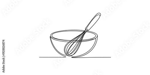 Simple line drawing of a kitchen mixing bowl with a wire whisk inside on a white background Vector, illustration