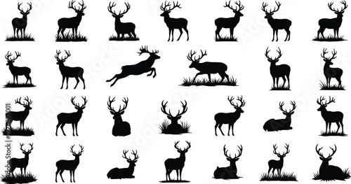Deer Silhouette Set, Large Buck with Antlers in Grass, Reindeer, Elk, Stag, Forest Wildlife Animals Vector Illustration for Nature Outdoors Design