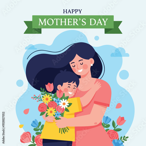A child hugs their mother, holding flowers, celebrating the holiday