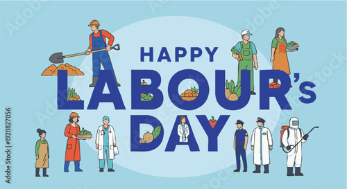Labours Day Greeting Card with Diverse Workers in Flat Design on Light Blue Background for Holiday Greeting