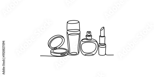 Continuous line drawing of various cosmetic products including lipstick and perfume bottles Vector, illustration