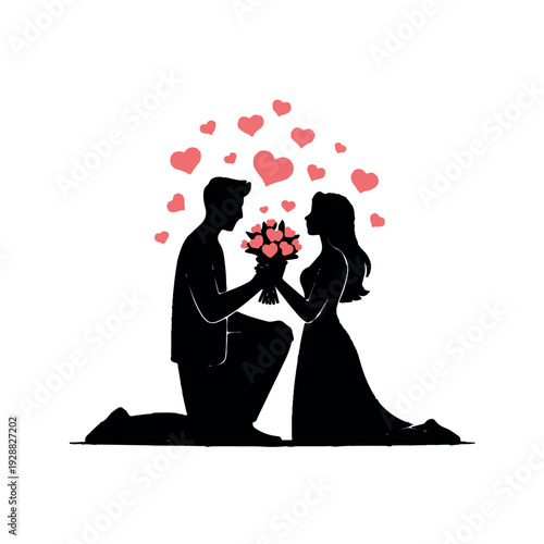 Man proposing to woman with bouquet of flowers and hearts