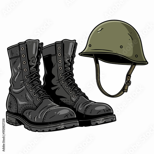 Military Boots and Helmet Gear Ready for Action.