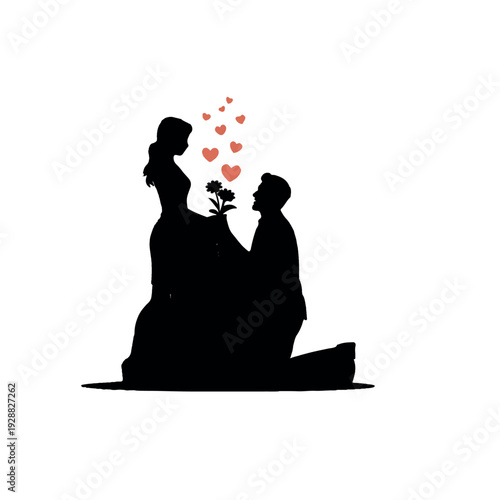 Man proposing to woman with flowers and hearts in romantic gesture