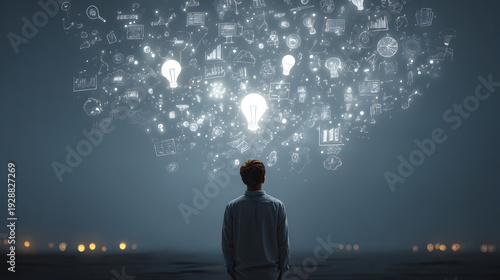 Person standing with back to viewer looking at floating light bulbs and various in a dark sky back view