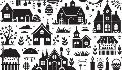 Miniature village houses and festive town market stall silhouettes