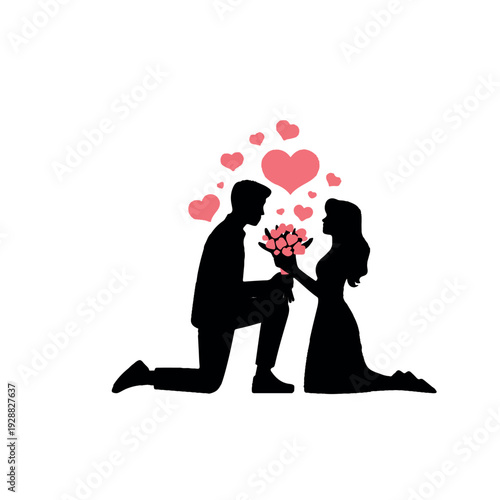 Romantic man proposing to woman with bouquet and hearts Vector Art