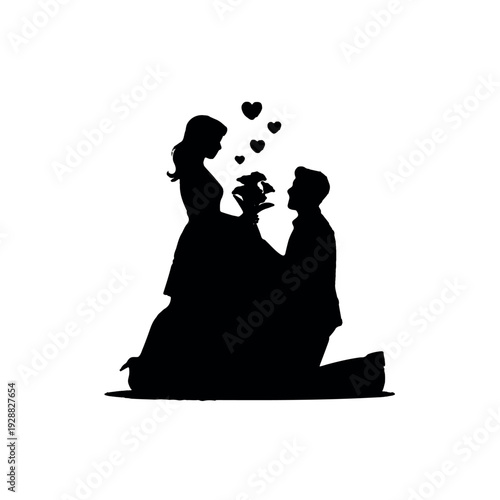 Romantic man proposing to woman with bouquet and hearts