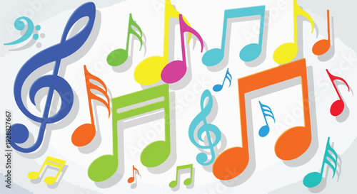 A collection of floating musical notes in bright, varied colors