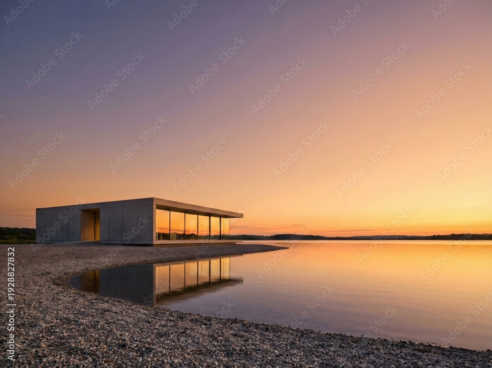Fototapeta premium Modern concrete house on a pebble beach at sunset with large glass windows reflecting the golden sky