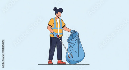 Person collecting trash in a blue bag with a grabber tool.