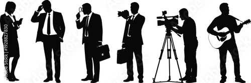 Black silhouette of professional people, diverse business people, photographer, videographer, musician with guitar, detective with magnifying glass, and office workers.