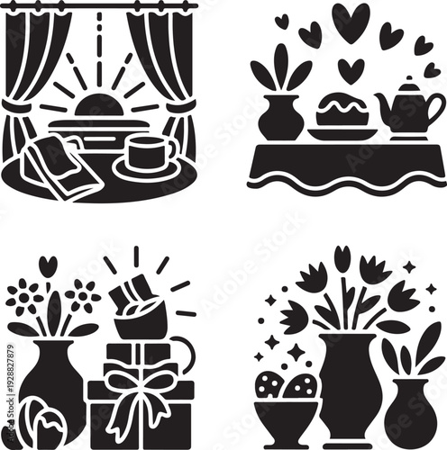 Morning breakfast scene with coffee and sunrise through window