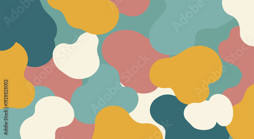 A colorful, abstract design composed of organic shapes in varied hues