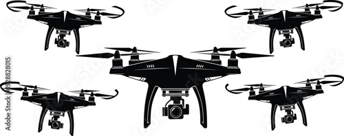 Black silhouette set of five professional quadcopter drones with 4k cameras flying in formation isolated on a white background vector.