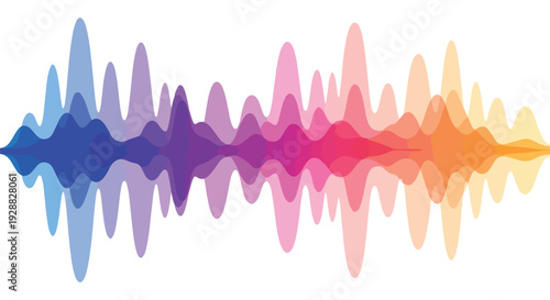 A colorful audio waveform graphic on a white background with layered lines