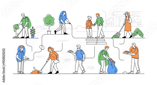 People cleaning and gardening in a park illustration.