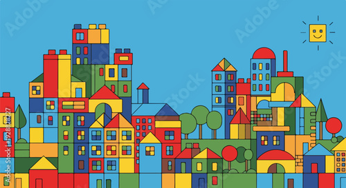 A colorful cartoon depiction of a charming town under a bright, happy sun