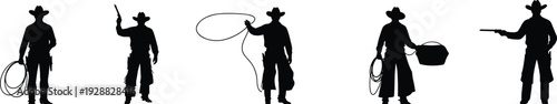 Cowboy silhouettes in various poses with rope, lasso, pistol, bucket, and rifle, abstract western lifestyle vector illustration design concept