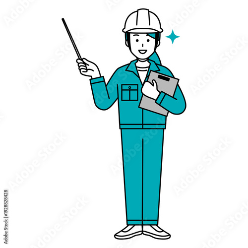 指示棒で説明する作業員の女性（全身）