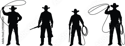 Cowboy silhouettes with lassos, rifle, rope, and tools, dynamic western lifestyle vector illustration, abstract ranch and rodeo design concept