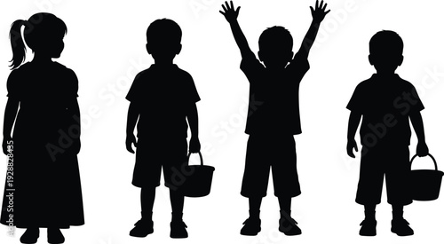 Black Silhouettes of Four Young Children Standing Together with Buckets and Raised Arms Isolated on White Background for Early Childhood Design