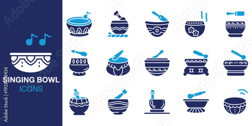Singing Bowl icon set. Containing vibration, resonance, spiritual, healing, therapy and more. Solid vector icons collection. Vector illustration.