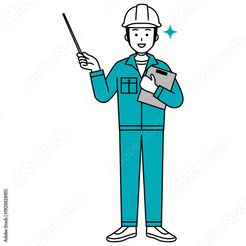 指示棒で説明する作業員の男性（全身）