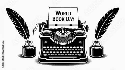 Vintage typewriter with world book day sign and quill pens on ink wells symbolizing writing and literature