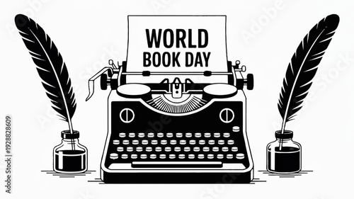 Retro journalism concept with typewriter and quills on world book day symbolizing writing and literature