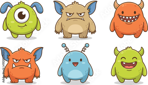 Cute Cartoon Monster Character Set with Funny Alien Creatures Colorful Mascot Design for Kids Game and Sticker Collection