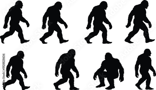 Bigfoot silhouettes collection, mysterious Sasquatch walking and squatting poses, mythical forest creature icons, legendary primate monster, cryptid nature adventure, yeti.
