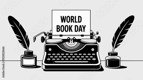 Vintage typewriter with 'world book day' message and quill pens on simple background retro journalism concept