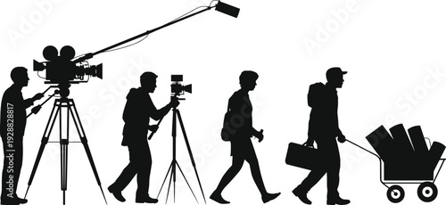 Black silhouette collection of film production crew including camera operators and assistants with professional cinema equipment isolated on white background design