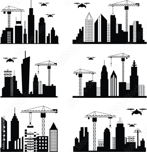 Black silhouette collection of city construction sites with tall skyscrapers cranes and flying delivery drones isolated on white background for design