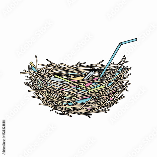 Nest of twigs with colorful plastic straws.
