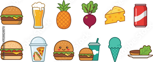 Cute Fast Food and Drink Icon Set with Burger Beer Pineapple Cheese Soda Ice Cream and Kawaii Snack Illustrations